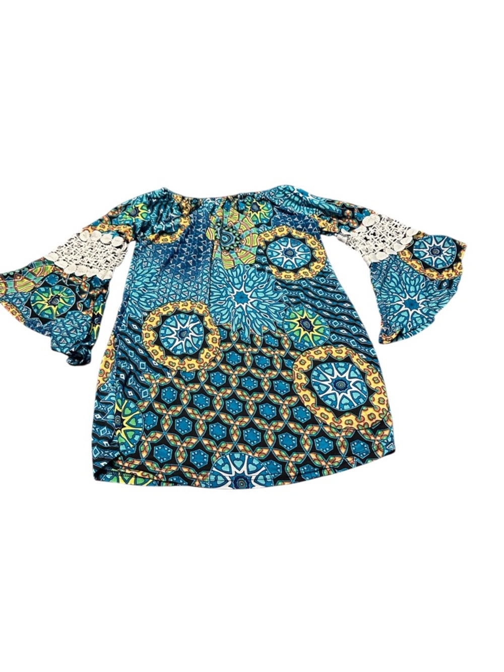 WinWin Teal Mosaic Bell-Sleeve Dress with White Lace